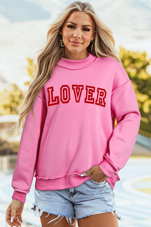Lover Graphic Mock Neck Exposed Seam Pullover Sweatshirt