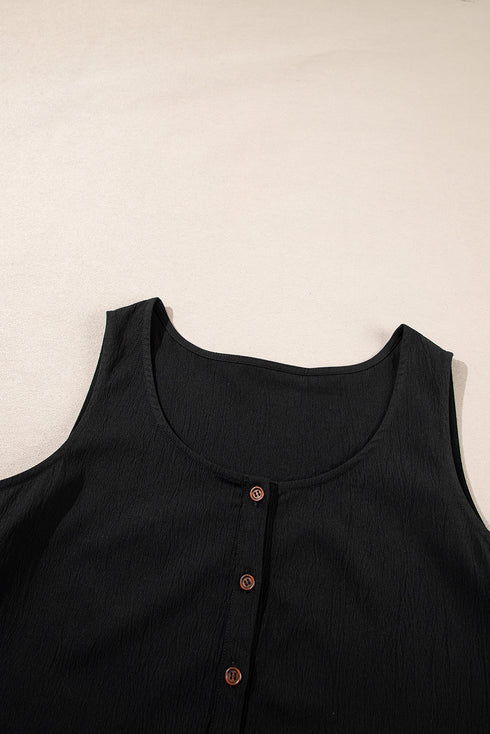 Solid Sleeveless Button Front Loose H Line Jumpsuit