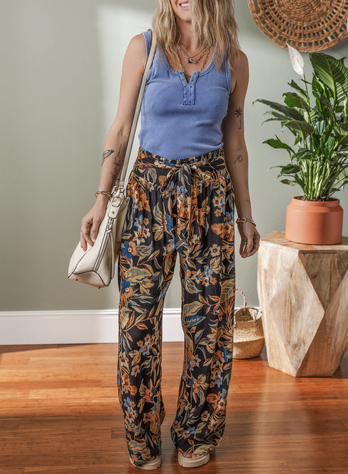 Bohemian Floral Print Smocked Waist Wide Leg Pants
