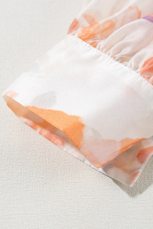 Abstract Floral Balloon Sleeve Button Down Blouse