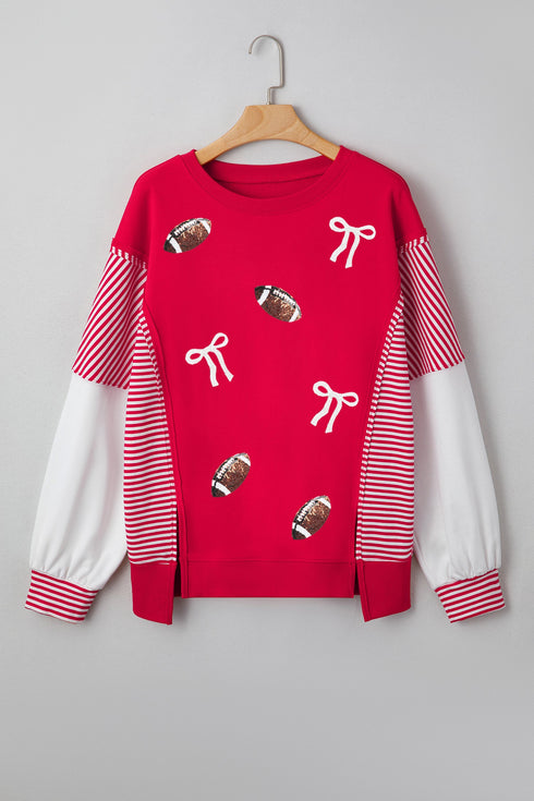 Sequin Rugby Bow Print Striped Sleeve Patchwork Graphic Sweatshirt