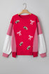 Sequin Rugby Bow Print Striped Sleeve Patchwork Graphic Sweatshirt
