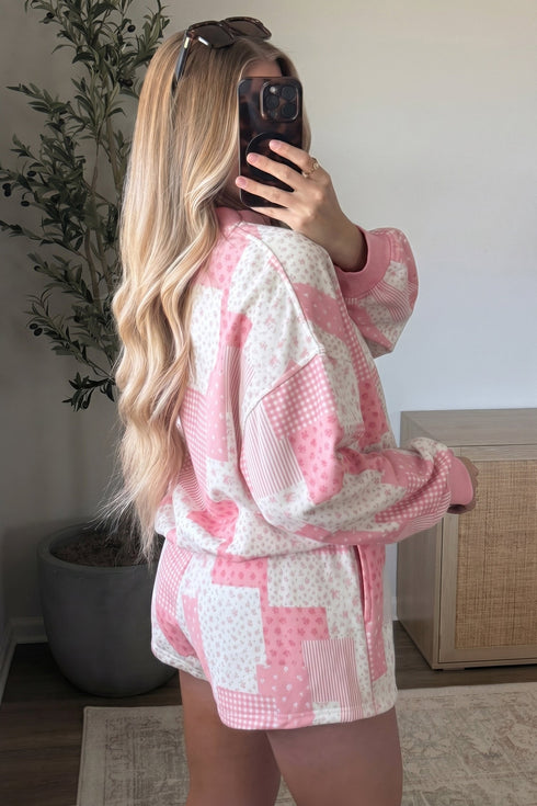 Patchwork Floral Print Drop Shoulder Baggy Pullover Drawstring Short Set