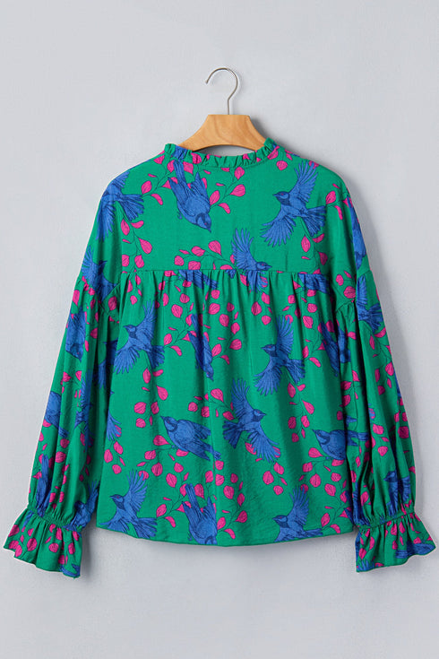 Abstract Print V Neck Flounced Puff Sleeve Blouse