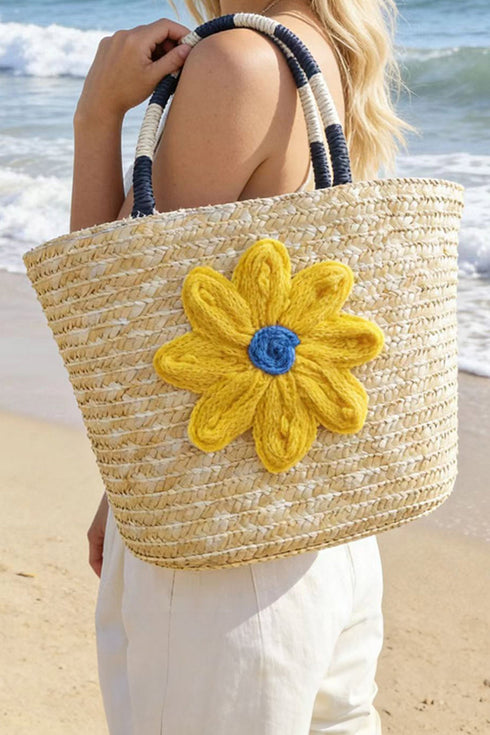 Crochet Flower Detail Boho Woven Shoulder Bag