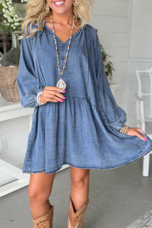 Western Puff Sleeve V Neck Ruffled Denim Mini Dress
