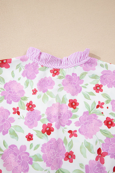 Southern Belle Striped Trim Frilled Neck Mini Floral Dress