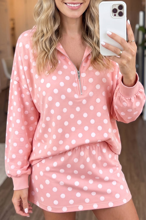 Polka Dot Hooded Long Sleeve Top Skort Dress Set