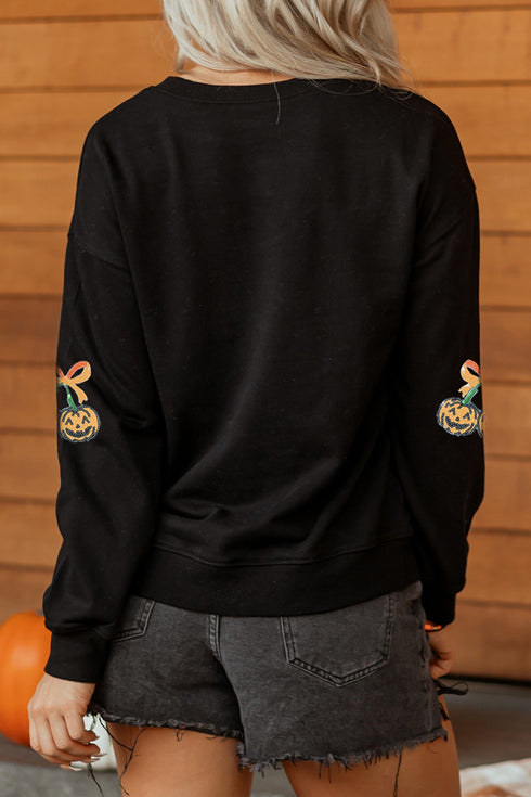 Sequin Pumpkin Graphic Relaxed Spooky Pullover Sweatshirt