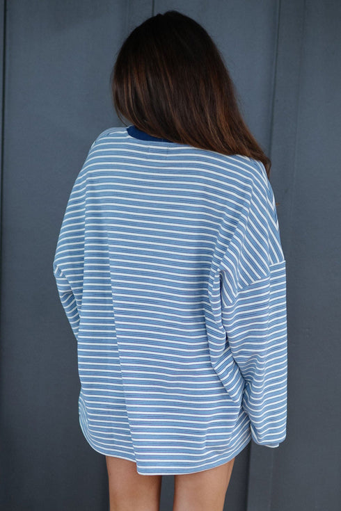 Striped Long Sleeve Oversized Top Pocketed Two Piece Short Set
