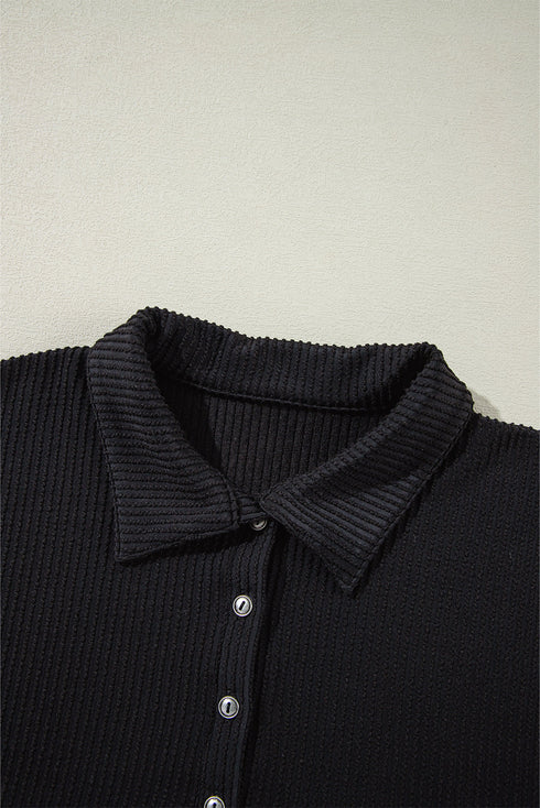 Solid Corded Knit Collared Roll Tab Sleeve Dress