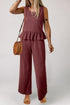 Textured Ribbed Ruffle Tank Top Wide Leg Pant Set