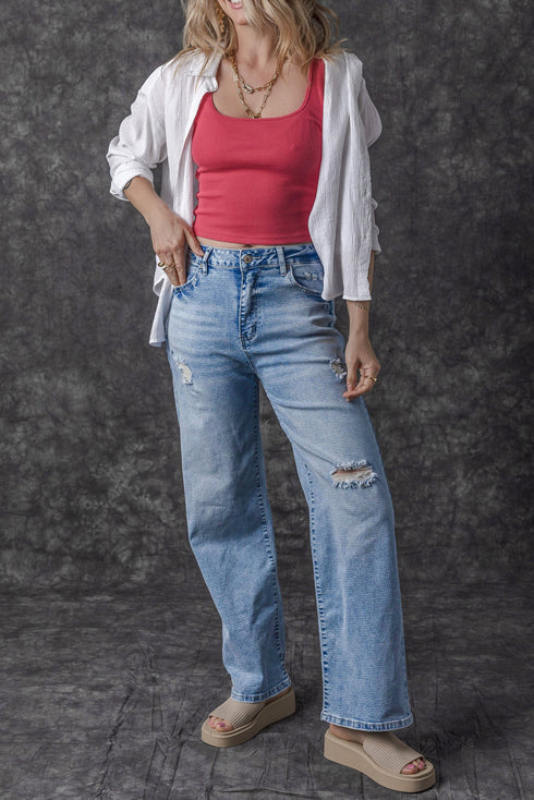 Chic High Rise Distressed Wide Leg Denim Jeans