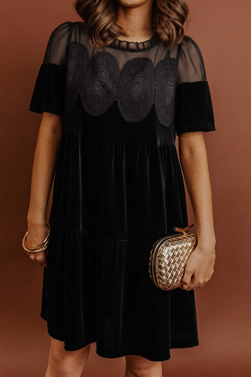 Embroidered Velvet Short Sleeve Shift Mini Dress