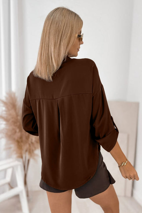 Polyester Button Decoration Tab Long Sleeve Blouse