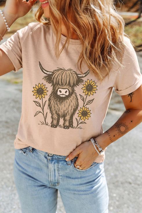 Polyester Western Print Highland Cow Graphic Tee
