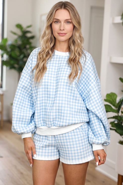 Plaid Baggy Pullover Drawstring Shorts Two Piece Outfit Short Set