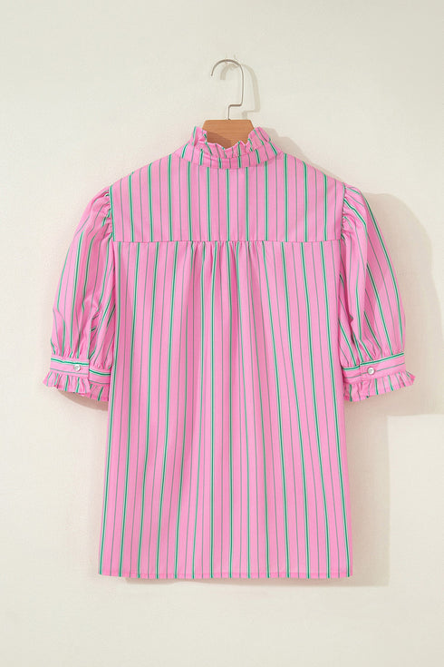 Striped Ruffle Trim Half Button Puff Sleeve Blouse