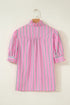 Striped Ruffle Trim Half Button Puff Sleeve Blouse
