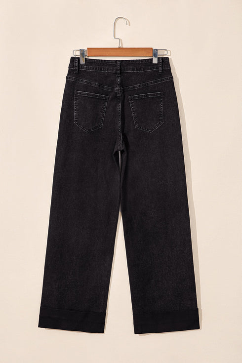 Cotton Denim Studded Straight Leg Loose Jeans