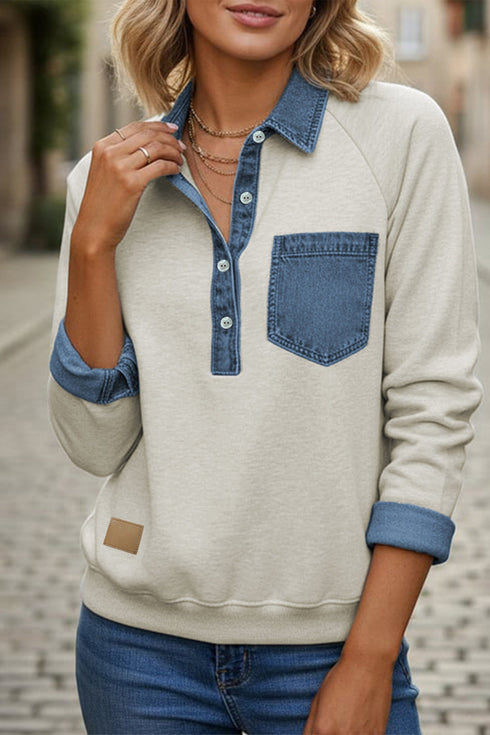 Denim Collar Patchwork Trim Long Sleeve Pullover Top