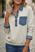 Denim Collar Patchwork Trim Long Sleeve Pullover Top