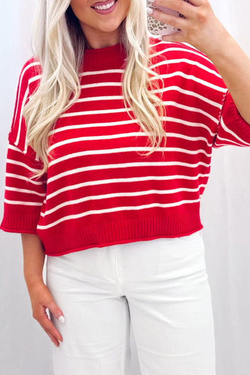Striped Dropped Shoulder Half Sleeve Relaxed Knit Sweater