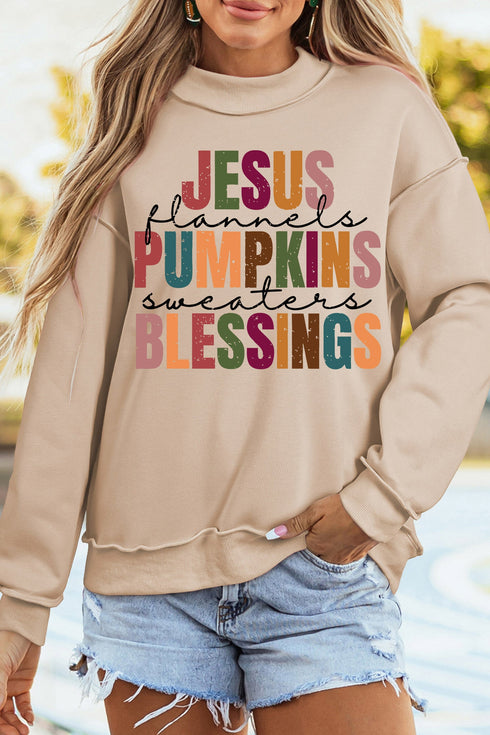 Slogan Graphic Exposed Seam Mock Neck Sweatshirt
