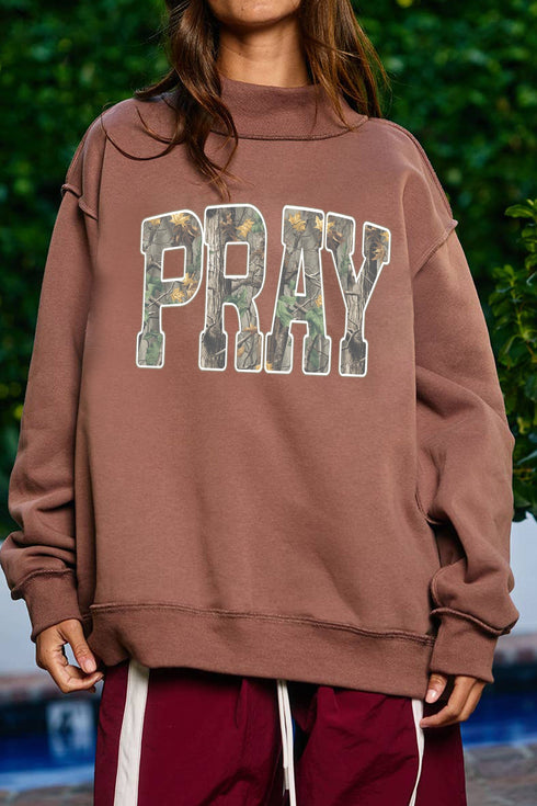 Polyester Mock Neck Camo Pray Graphic Sweatshirt