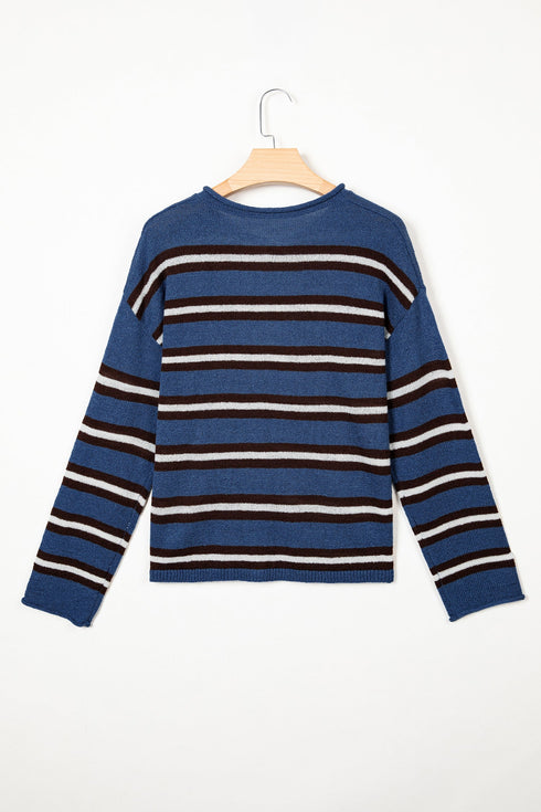 Acrylic Striped Pattern Drop Shoulder Button Cardigan