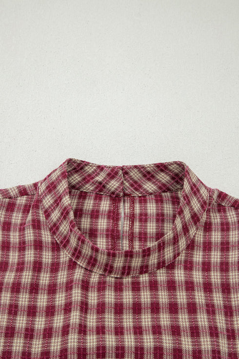 Country Plaid Keyhole Pleated Button Detail Long Sleeve Blouse
