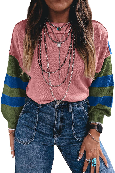 Western Patchwork Striped Long Sleeve Pullover Sweater