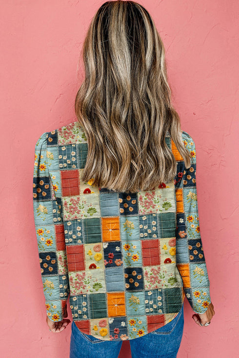 3D Daisy Applique Notched V Neck Band Collar Long Sleeve Woven Blouse