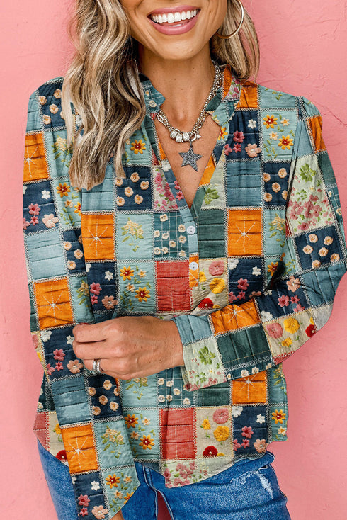 3D Daisy Applique Notched V Neck Band Collar Long Sleeve Woven Blouse