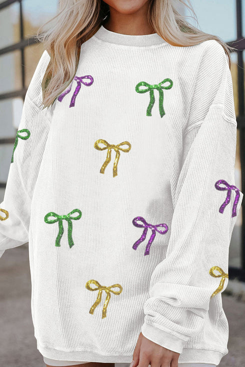 3D Ribbed Sequin Mardi Gras Bow Baggy Graphic Sweatshirt