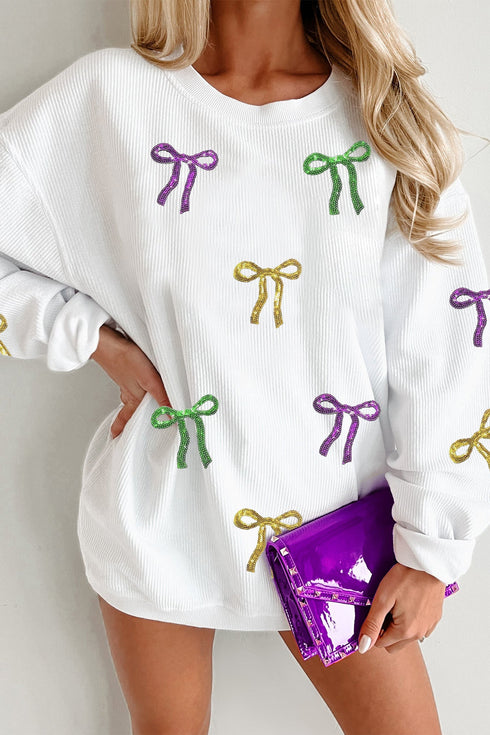 3D Ribbed Sequin Mardi Gras Bow Baggy Graphic Sweatshirt