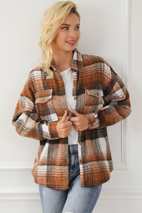 Casual Plaid Print Flap Pocket Button Down Shacket