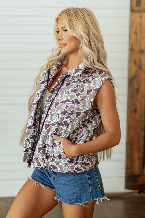 Camouflage Puffer Stand Neck Zip Up Sleeveless Vest