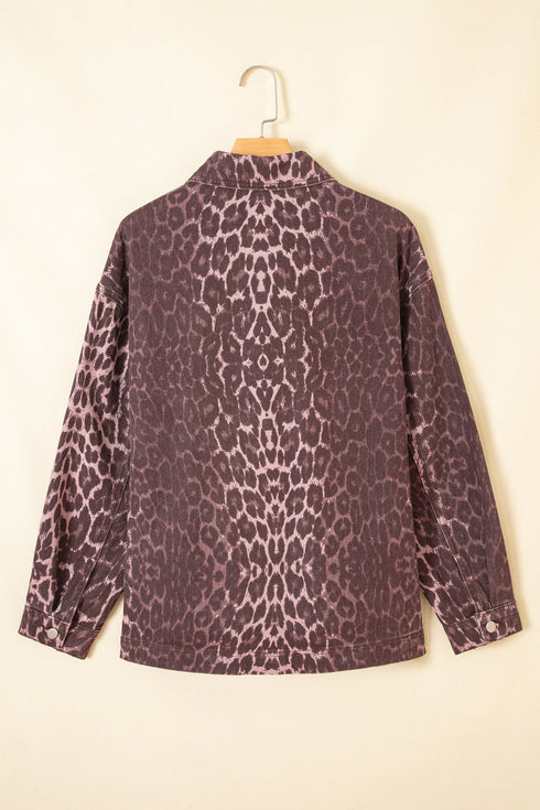 Leopard Print Oversized Patch Pocket Long Sleeve Denim Jacket