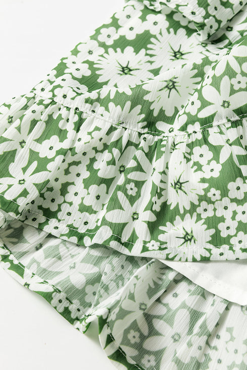 Square Neck Shirred Waist Tiered Ruffled Mini Floral Dresses