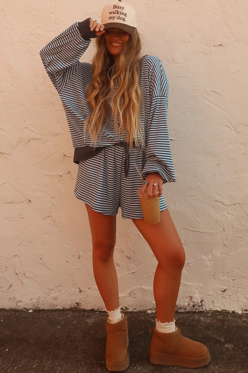 Striped Oversized Long Sleeve Top Drawstring Loose Shorts Two Piece Short Set