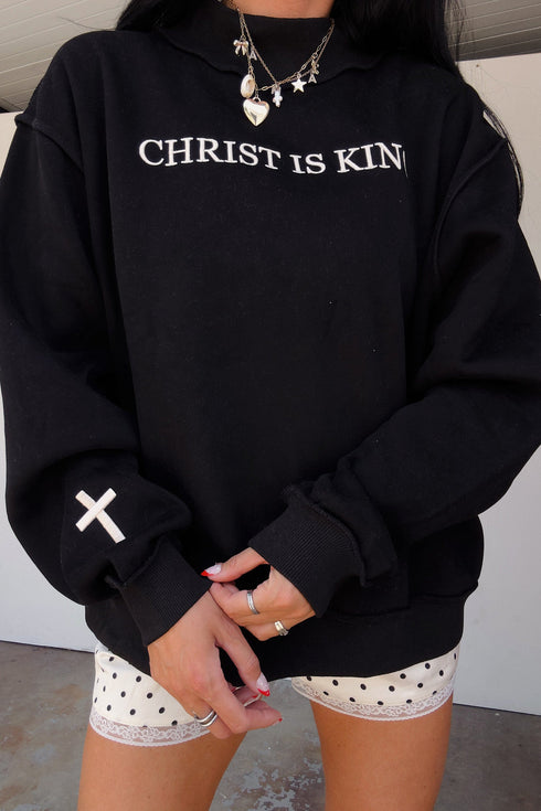 Christ Is King Embroidered High Neck Baggy Sweatshirt