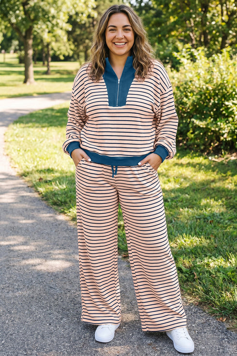 Striped V Neck Long Sleeve Lounge Set