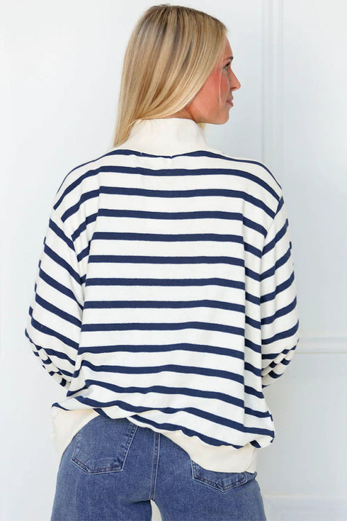 Striped Mock Neck Long Sleeve Ribbed Cuff Hem Sweatshirt