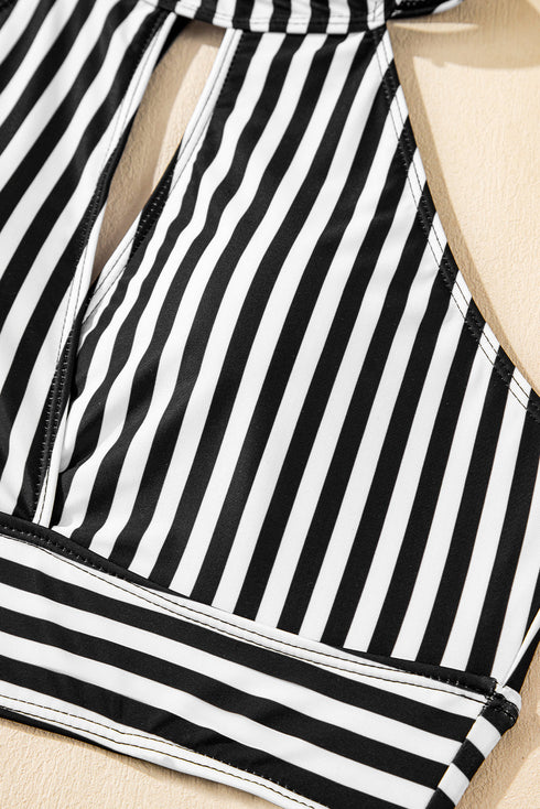 Striped Halter Keyhole High Waist Swimsuit Set