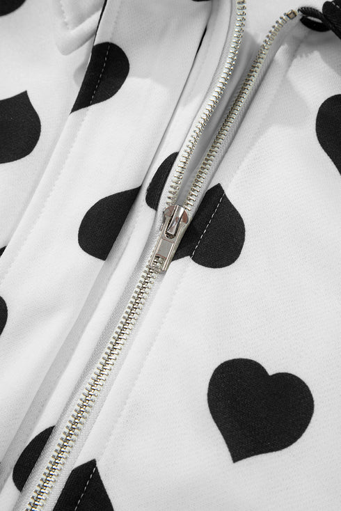 Heart Print Collared Double Flap Pocket Zip Jacket