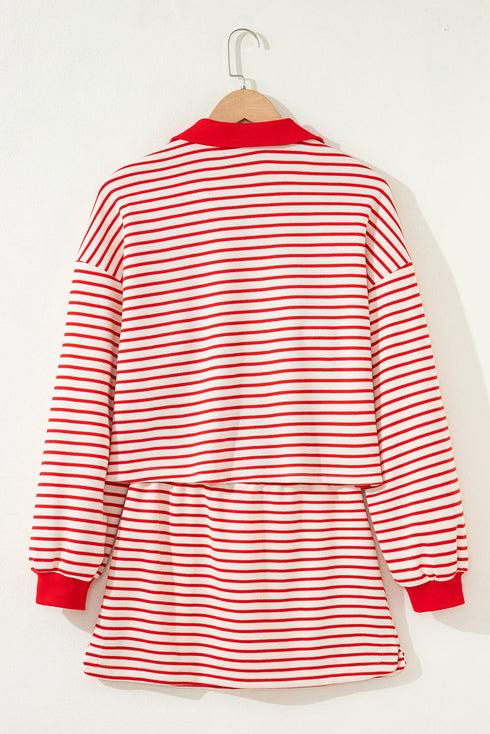 Striped Collared V Neck Pullover Skort Two Piece Dress