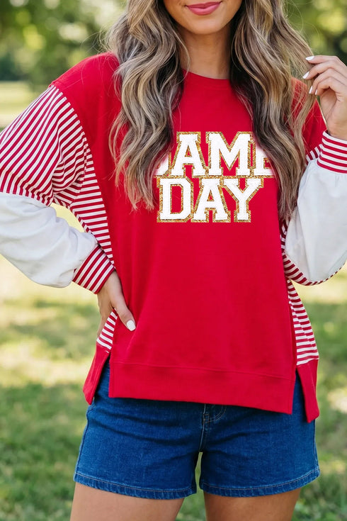 Striped Paneled Sleeve Varsity Graphic Pullover Sweatshirt
