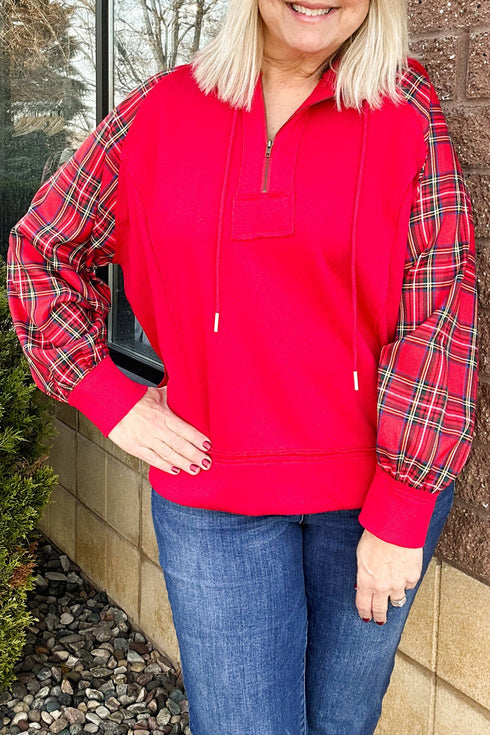 Plaid Sleeve Zip Up Shift Ribbed Hem Hoodie