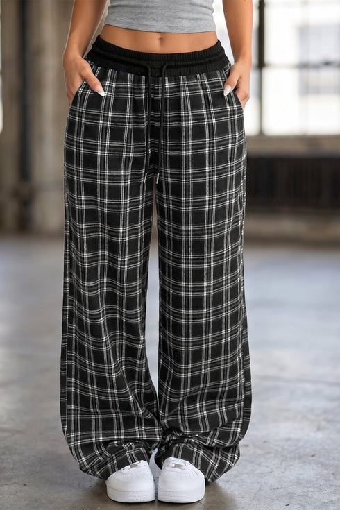 Frenchy Plaid Pattern Drawstring Waist Wide Leg Pants